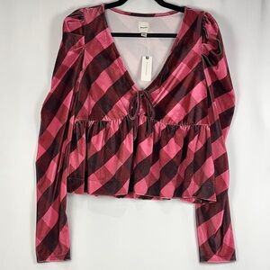 ANTHROPOLOGIE • Maeve Pink/Rose Velvet Plaid Babydoll Blouse • Size XL